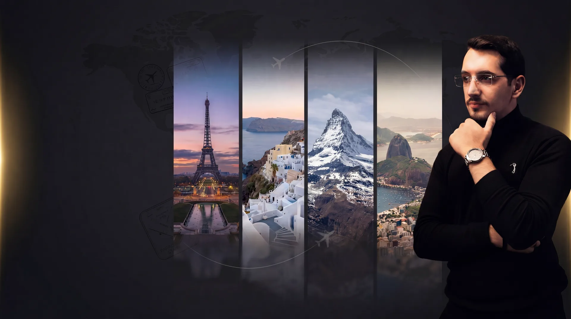 Henrique Sanchez ao lado de destinos internacionais em uma composi&ccedil;&atilde;o premium de viagem